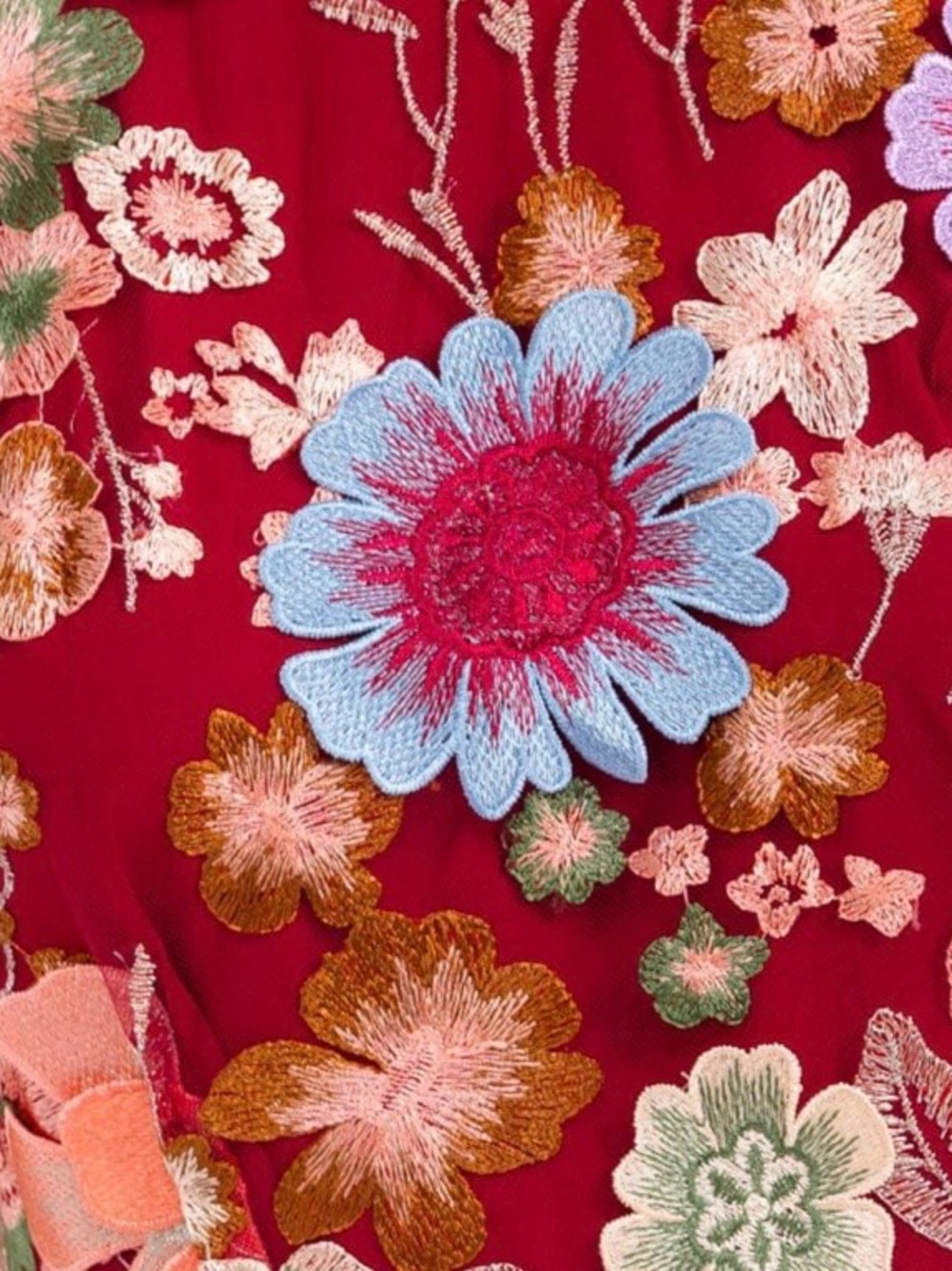 RACER TOP FITTED BURGUNDY MINI DRESS WITH 3D MULTI-COLORED FLORAL DETAILS - Picture 6 of 16
